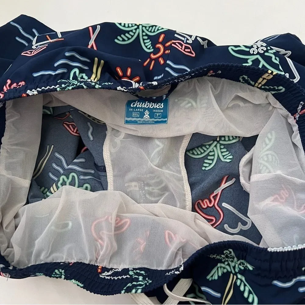chubbies 7” Inseam swim trunks Men Size XXL Blue Tropical Flamingos Palm trees